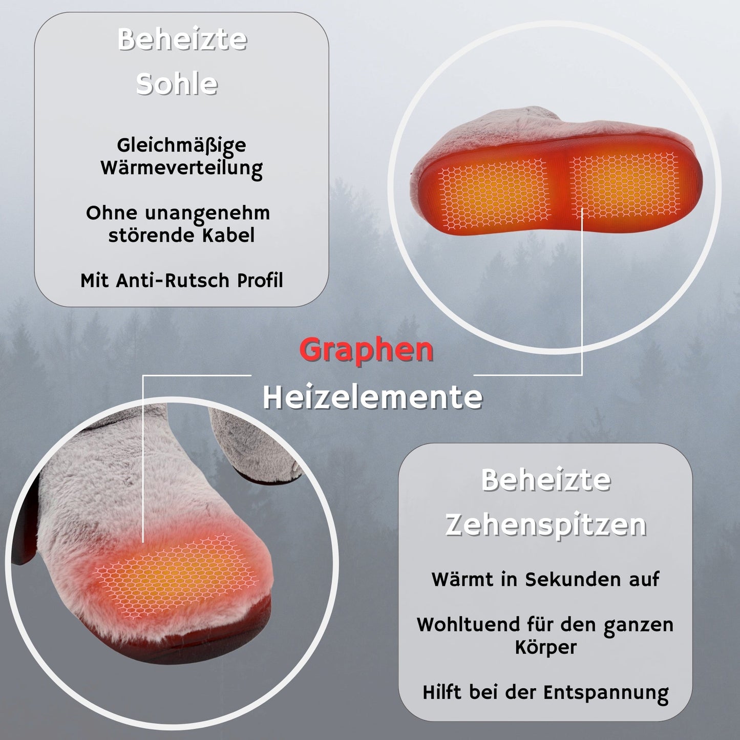 NorthHeat Beheizbare Hausschuhe für Damen in Grau, EU Schuhgröße 37-42. Elektrisch beheizte Pantoffeln mit breiter Passform – ideal für kalte Füße. Komfort und Wärme im Winter