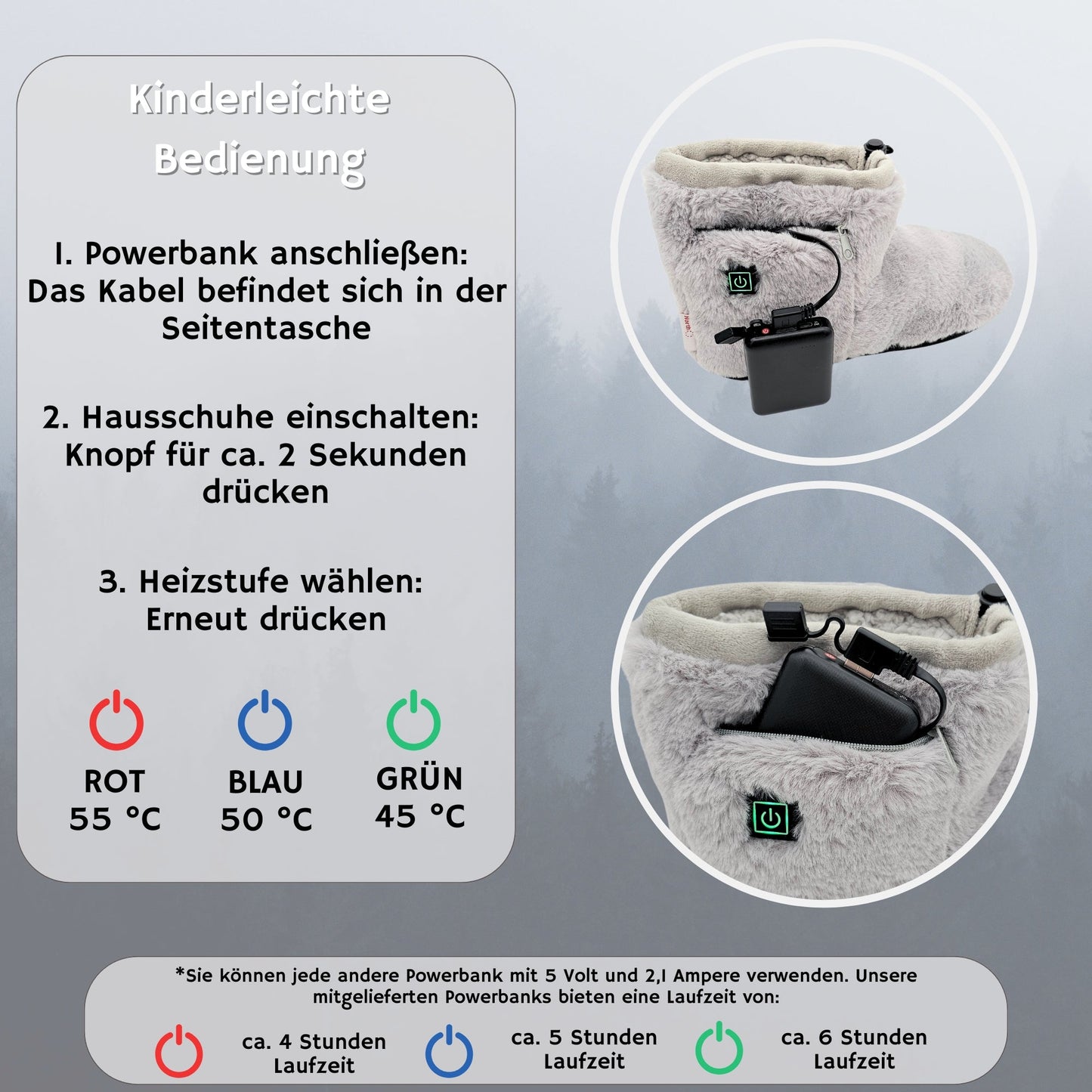 NorthHeat Beheizbare Hausschuhe für Damen in Grau, EU Schuhgröße 37-42. Elektrisch beheizte Pantoffeln mit breiter Passform – ideal für kalte Füße. Komfort und Wärme im Winter