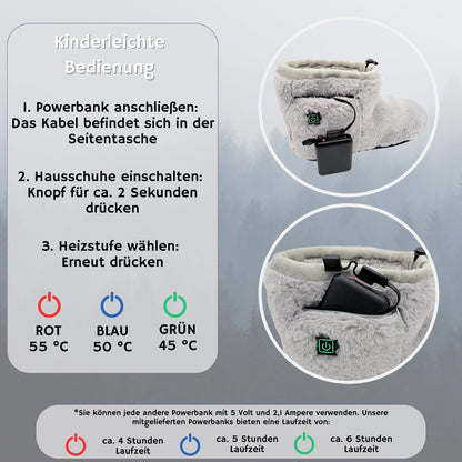 NorthHeat Beheizbare Hausschuhe für Damen in Grau, EU Schuhgröße 37-42. Elektrisch beheizte Pantoffeln mit breiter Passform – ideal für kalte Füße. Komfort und Wärme im Winter