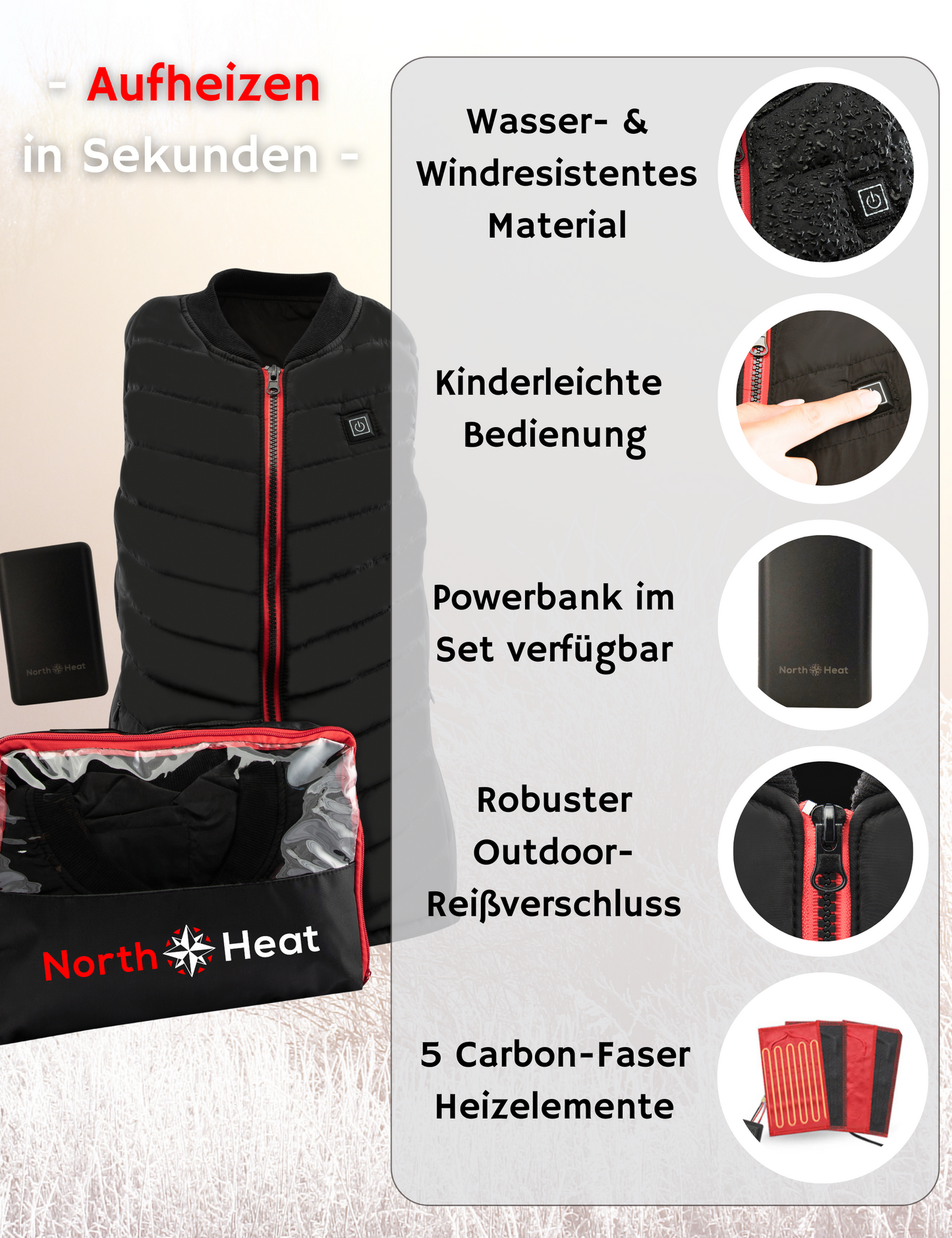 NorthHeat Premium beheizbare Weste | Größen XS - XXL | Heizweste für Damen und Herren | bis 55°C mit 5 Wärme Zonen | MIT & OHNE Powerbank