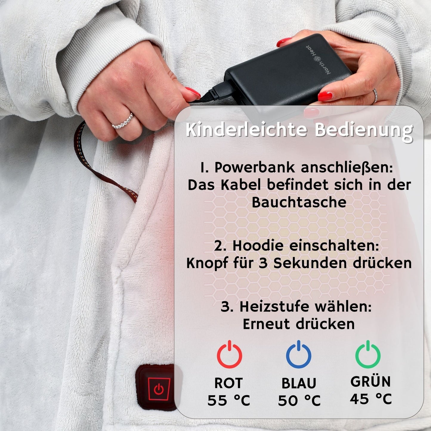 NorthHeat Beheizter Kuschel Hoodie | Flauschige Ärmel Decke beheizbar | für Freundin, Mama und Papa Geschenk zu Weihnachten | Kuschelpullover & Deckenpullover (beheizt & unbeheizt)