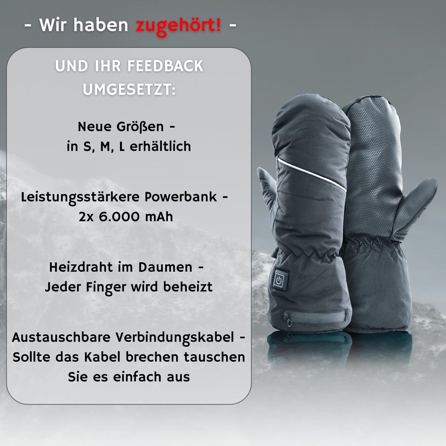 NorthHeat Premium optimierte beheizte Handschuhe | beheizbare Fäustlinge für Männer & Frauen in 3 Größen | wiederaufladbare Heizhandschuhe | Skifahren und Outdoor (Größen S,M,L)